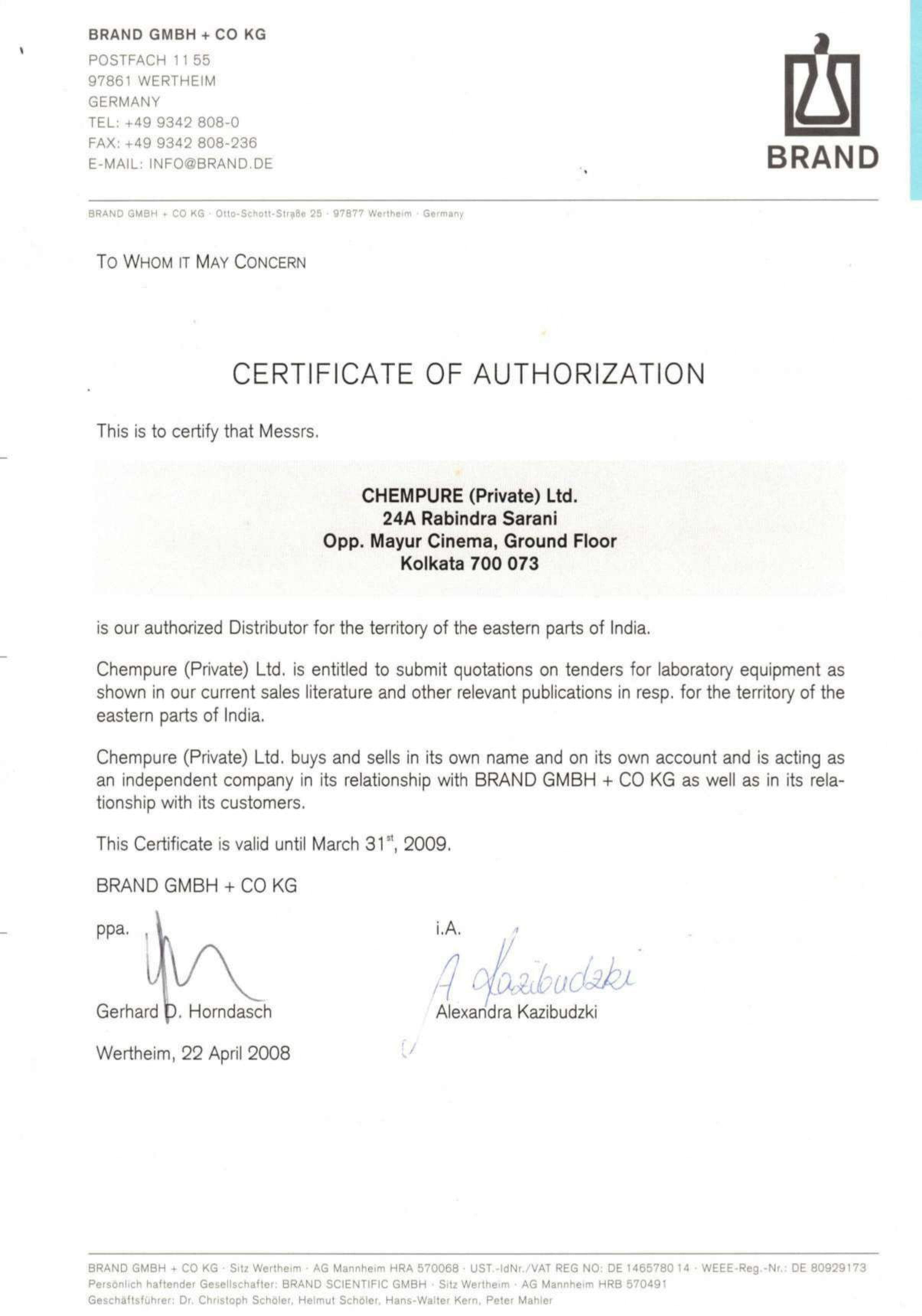 BRAND GmbH + CO KG – Certificate of Authorization (2008) 