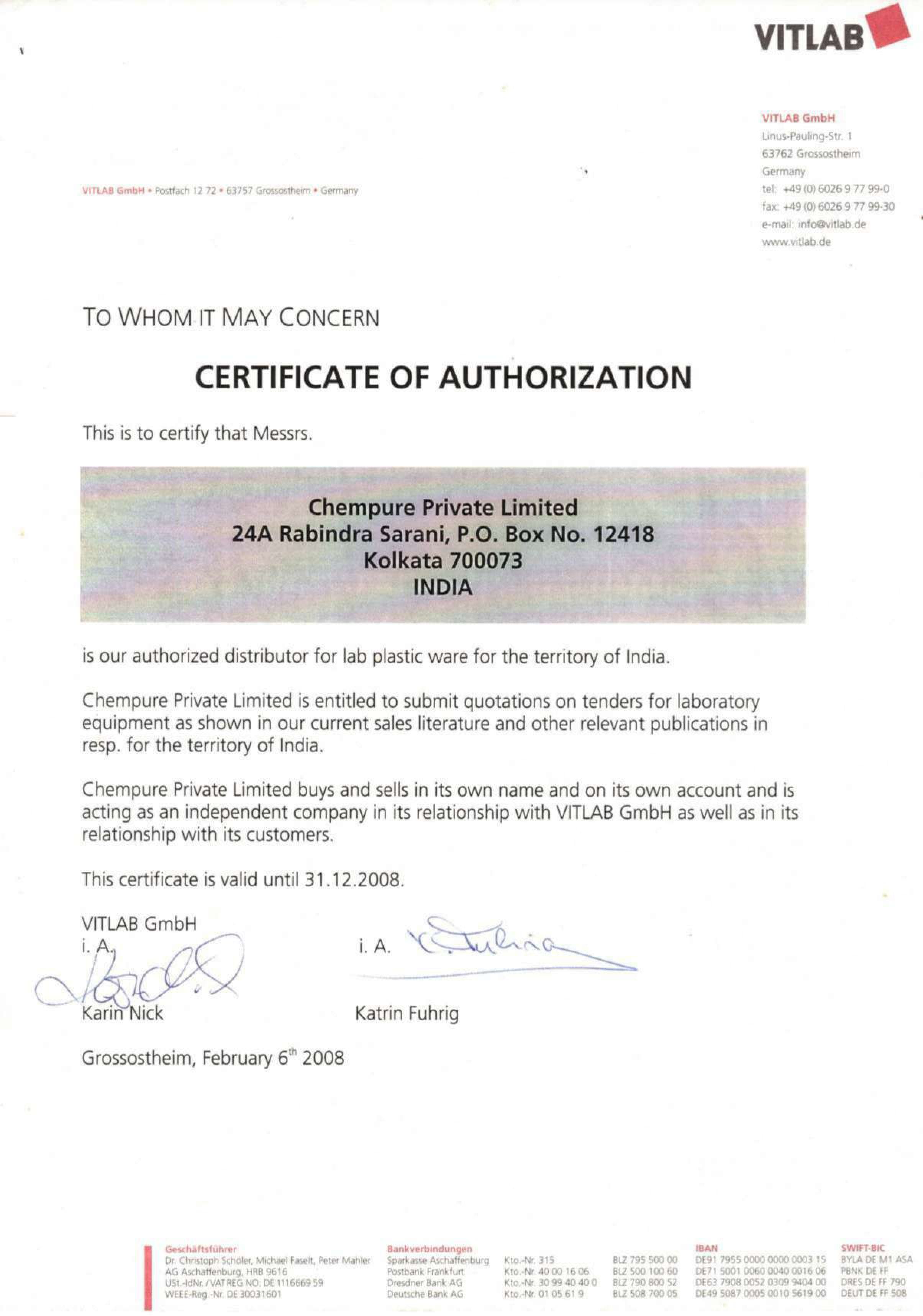 VITLAB GmbH – Certificate of Authorization (2008) 